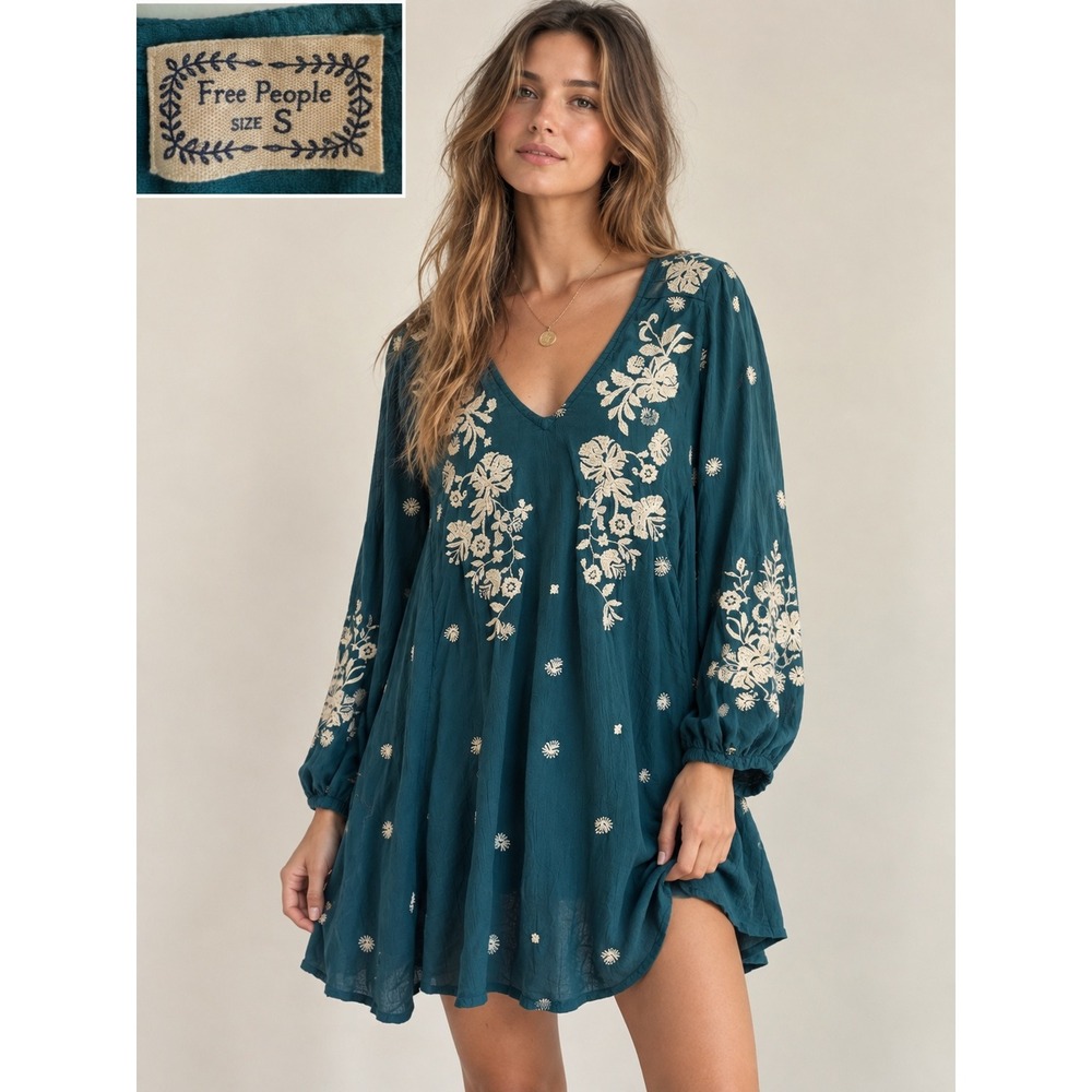 Free People Mini Dress Womens Small Teal Boho Embroidered Open Back Long Sleeve